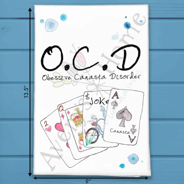 Canasta OCD flour sack dish towel, art by Avery Jackson