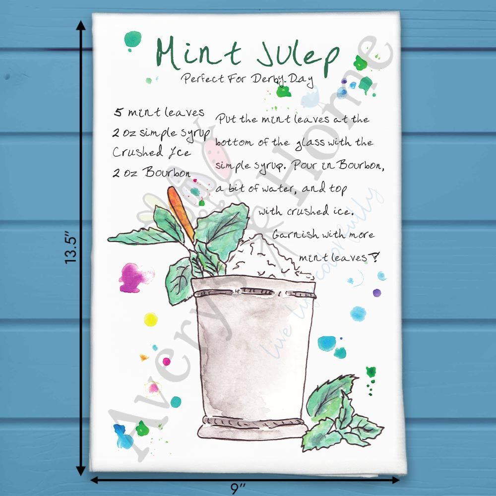 Mint Julep Recipe flour sack dish towel, art by Avery Jackson