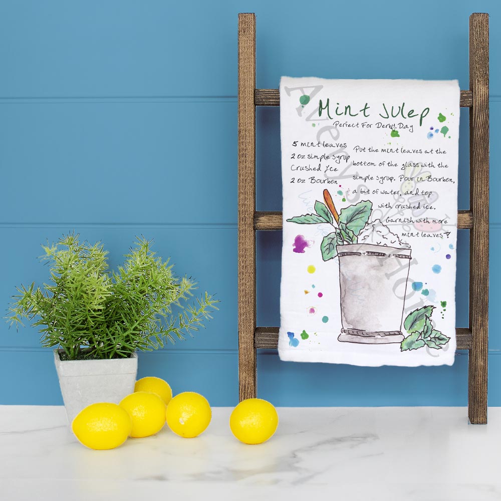 Mint Julep Recipe dish towel folded, hemmed on all four sides