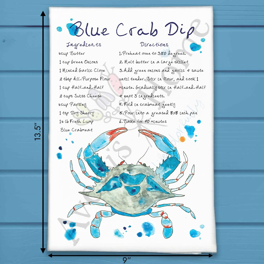 Blue Crab Dip Recipe flour sack dish towel, art by Avery Jackson