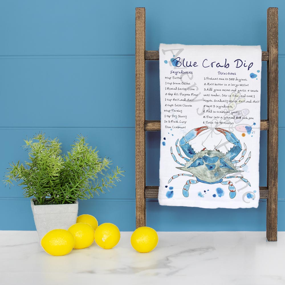 Blue Crab Dip Recipe dish towel folded, hemmed on all four sides