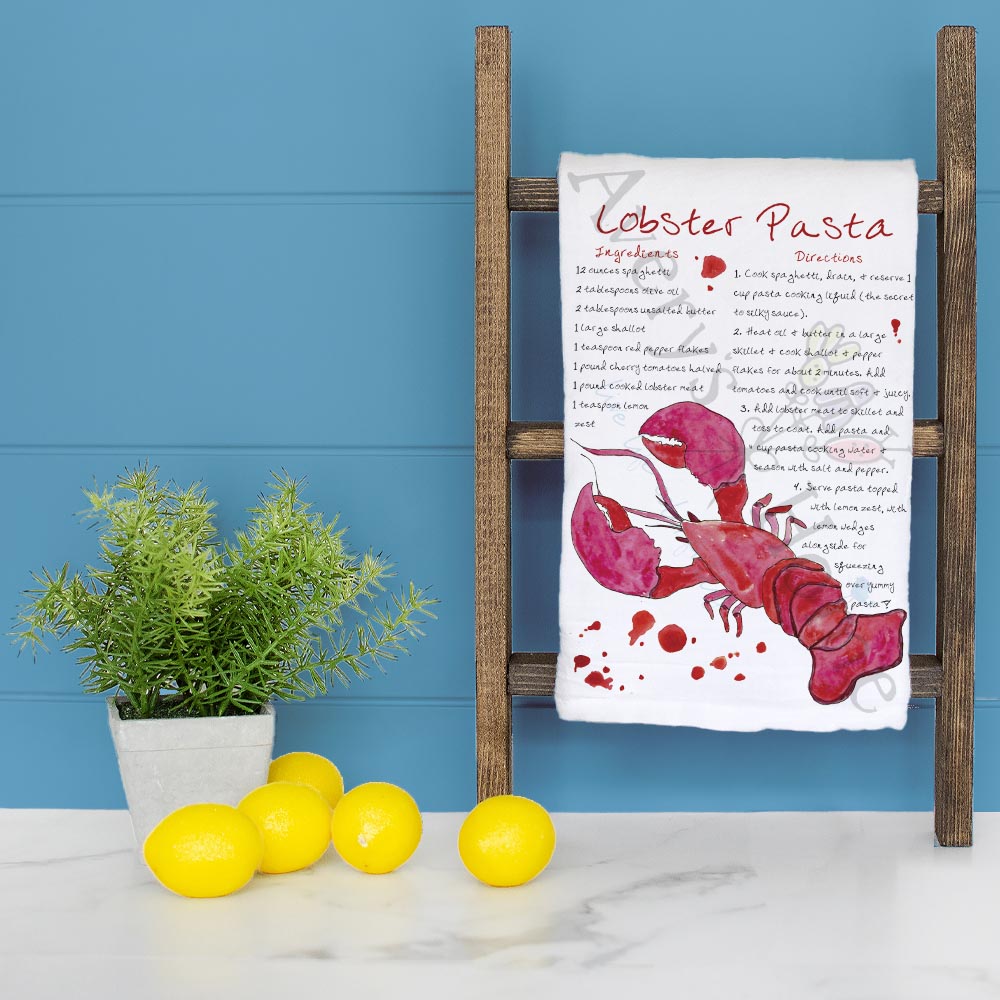 Lobster Pasta Recipe dish towel folded, hemmed on all four sides