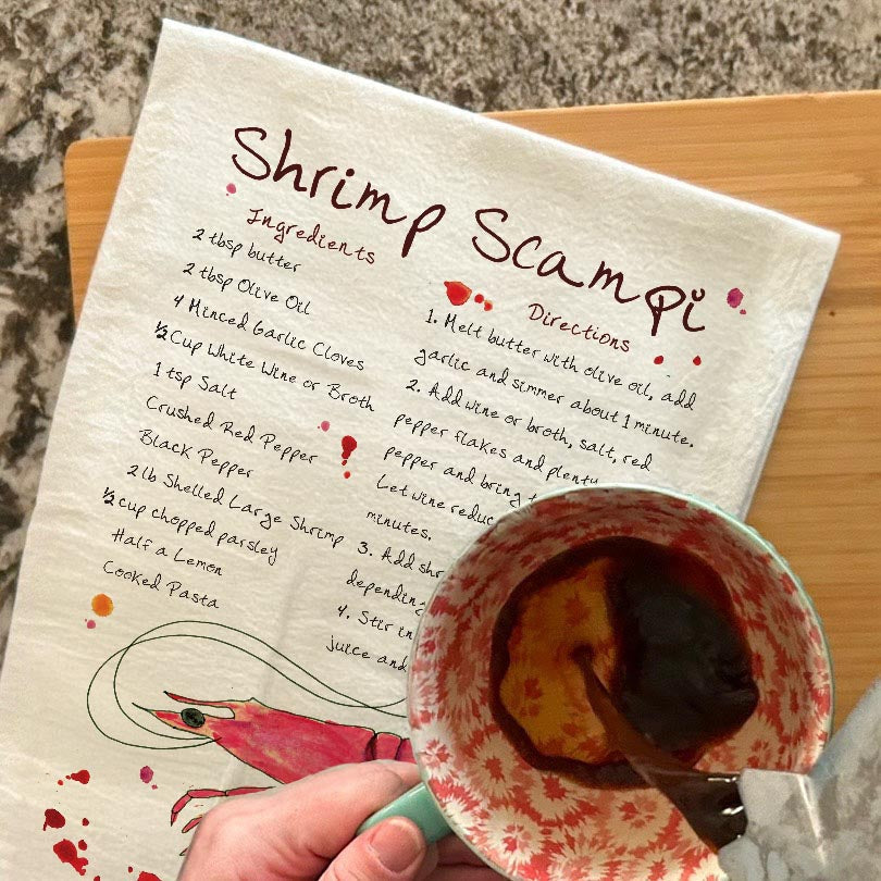 Shrimp Scampi Recipe dish towel, 27x27 flour sack cotton