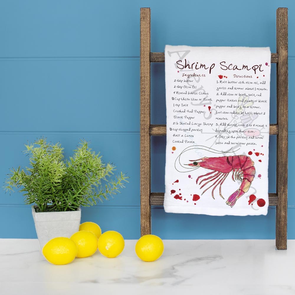 Shrimp Scampi Recipe dish towel folded, hemmed on all four sides