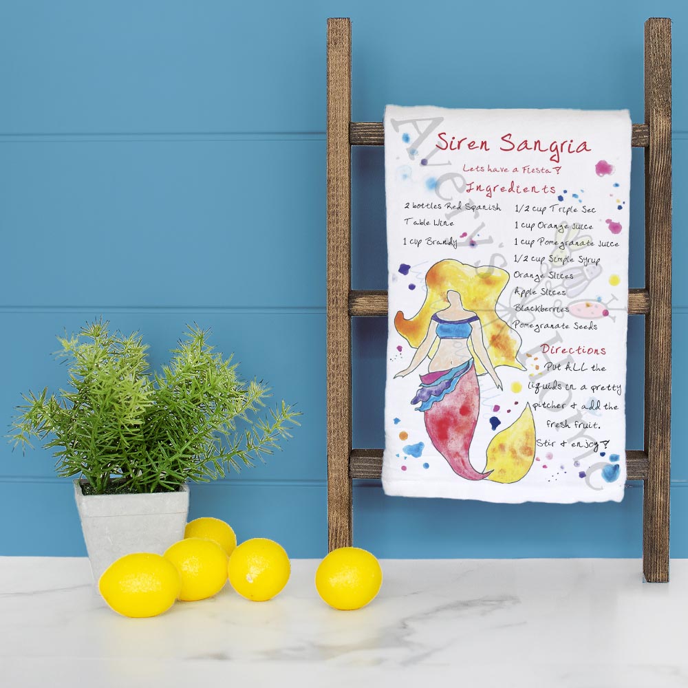 Siren Sangria Recipe dish towel folded, hemmed on all four sides