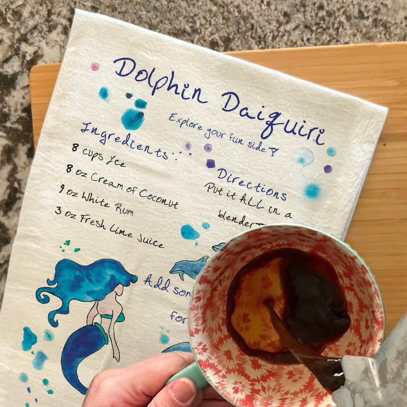 Dolphin Daiquiri Recipe dish towel, 27x27 flour sack cotton