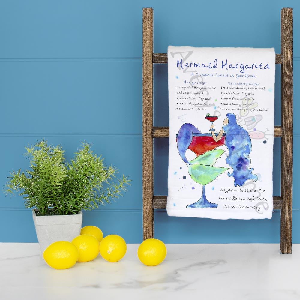 Mermaid Margarita Recipe dish towel folded, hemmed on all four sides