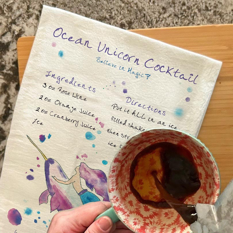 Ocean Unicorn Recipe dish towel, 27x27 flour sack cotton