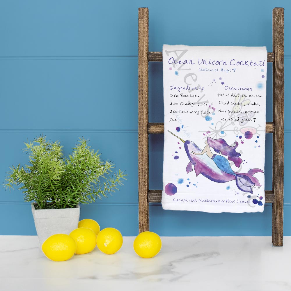 Ocean Unicorn Recipe dish towel folded, hemmed on all four sides
