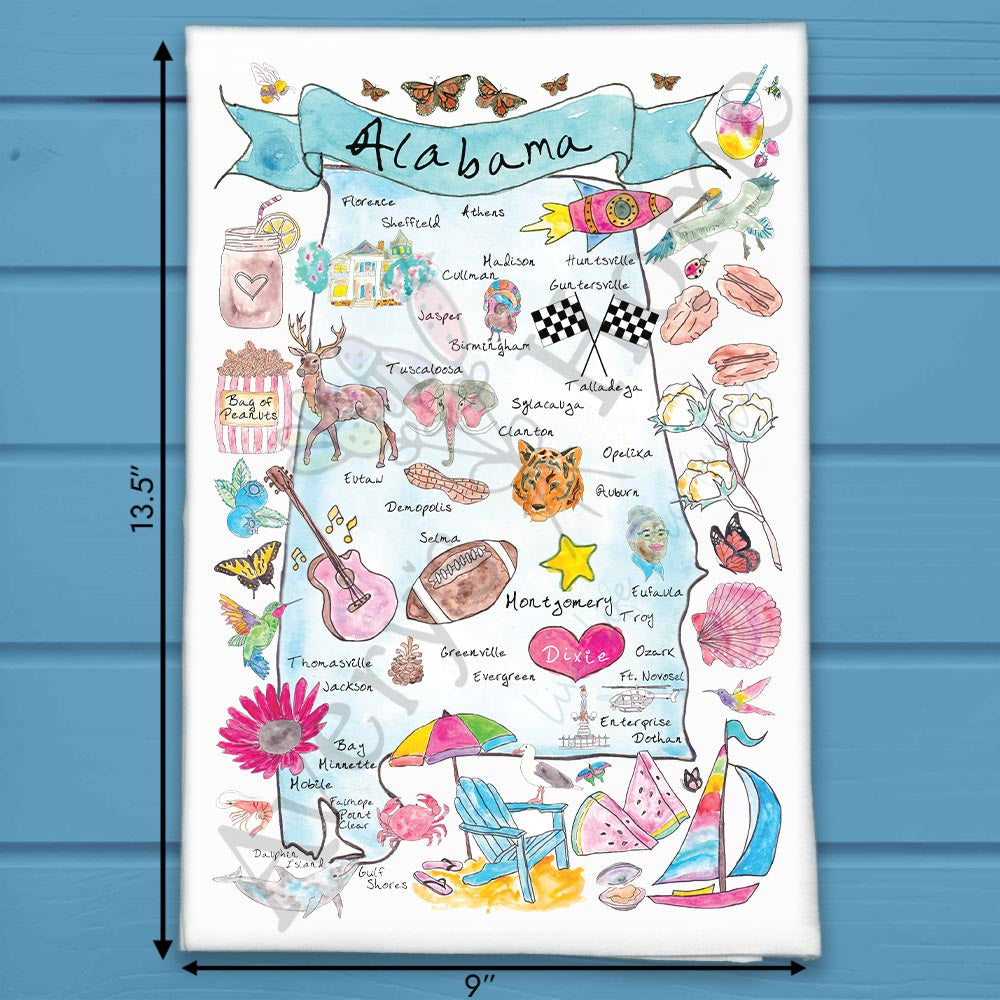 Alabama State Map flour sack dish towel, art by Avery Jackson