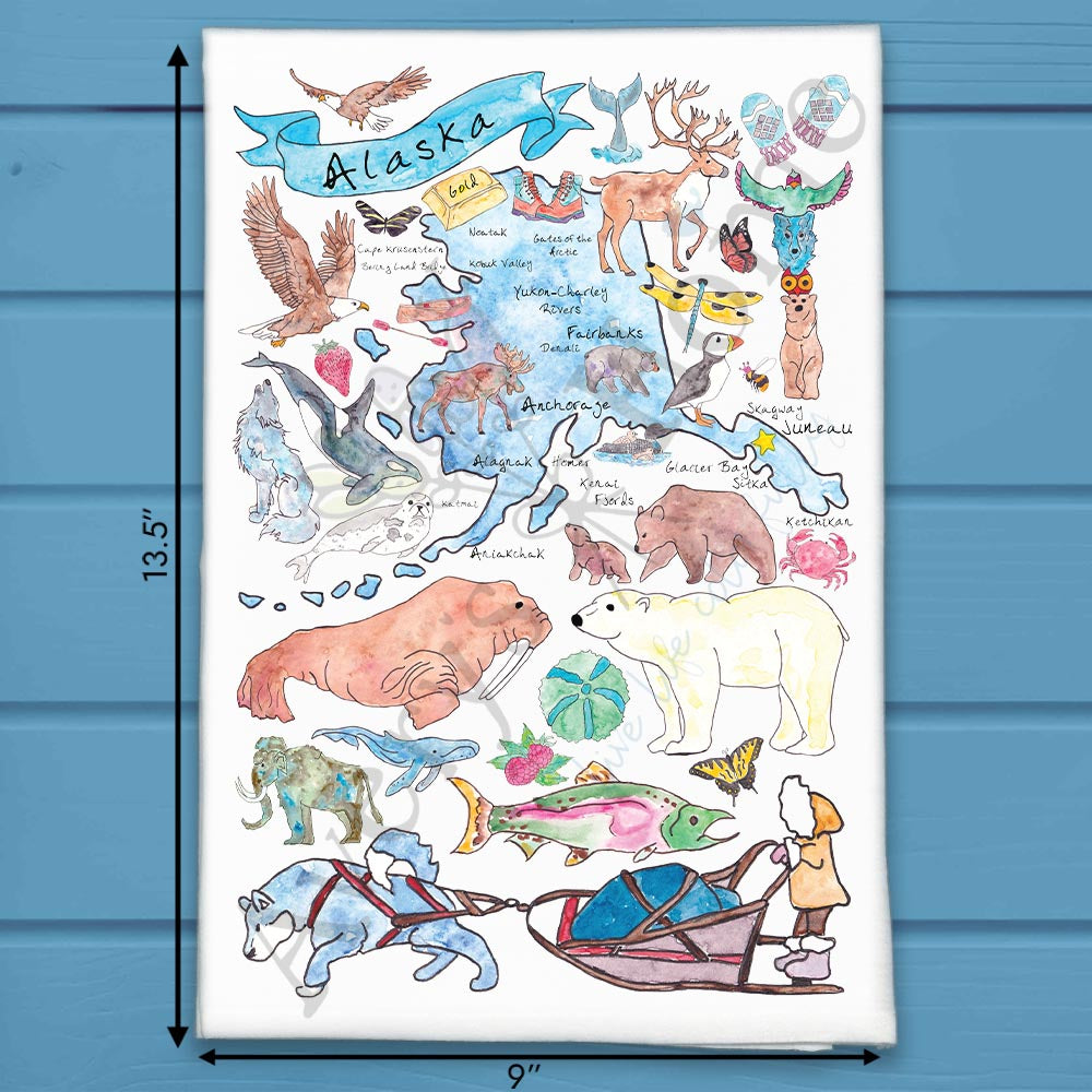 Alaska State Map flour sack dish towel, art by Avery Jackson