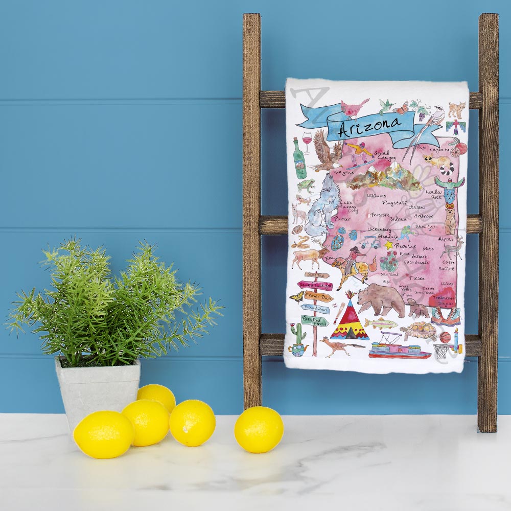 Arizona State Map dish towel folded, hemmed on all four sides