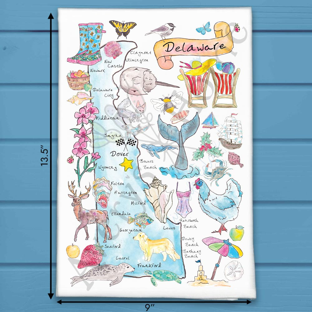 Delaware State Map flour sack dish towel, art by Avery Jackson