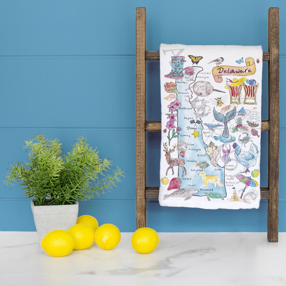 Delaware State Map dish towel folded, hemmed on all four sides
