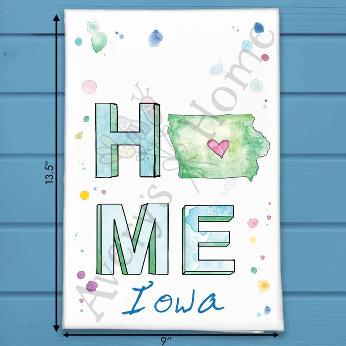 HOME in Iowa flour sack dish towel, art by Avery Jackson