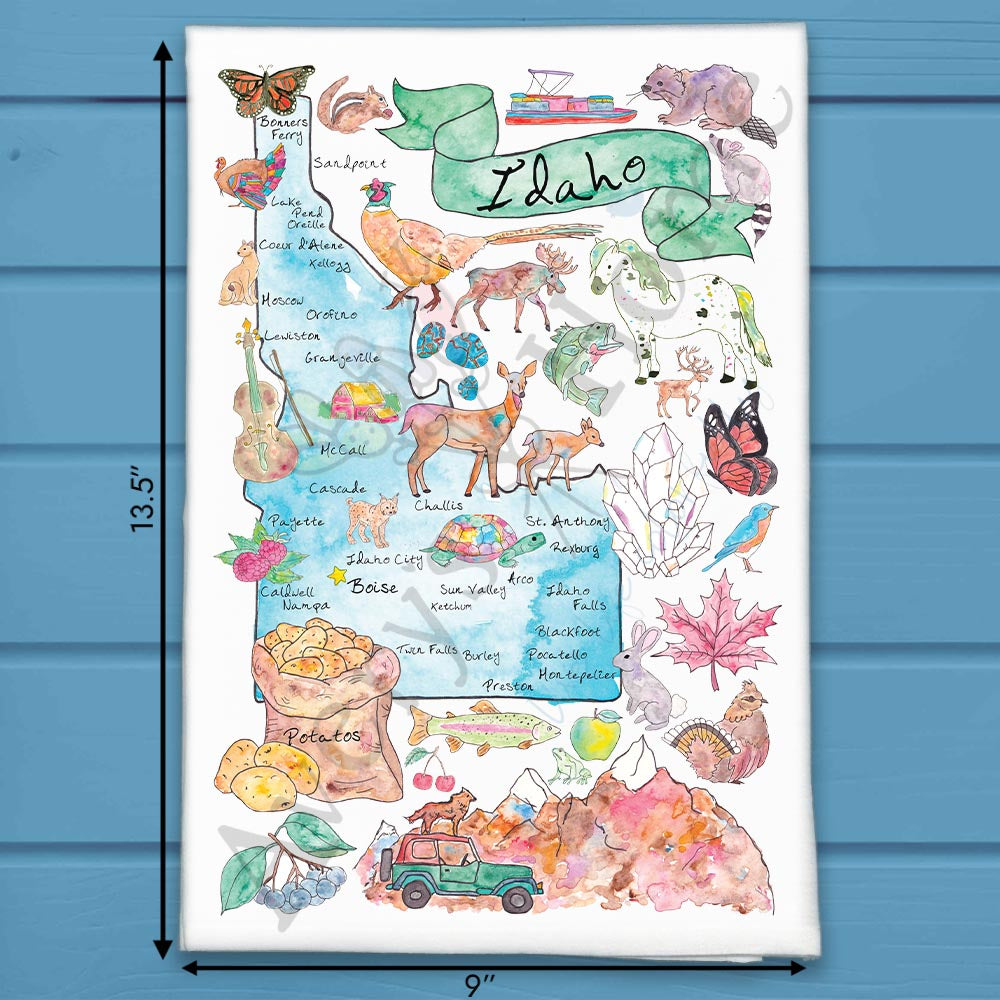 Idaho State Map flour sack dish towel, art by Avery Jackson