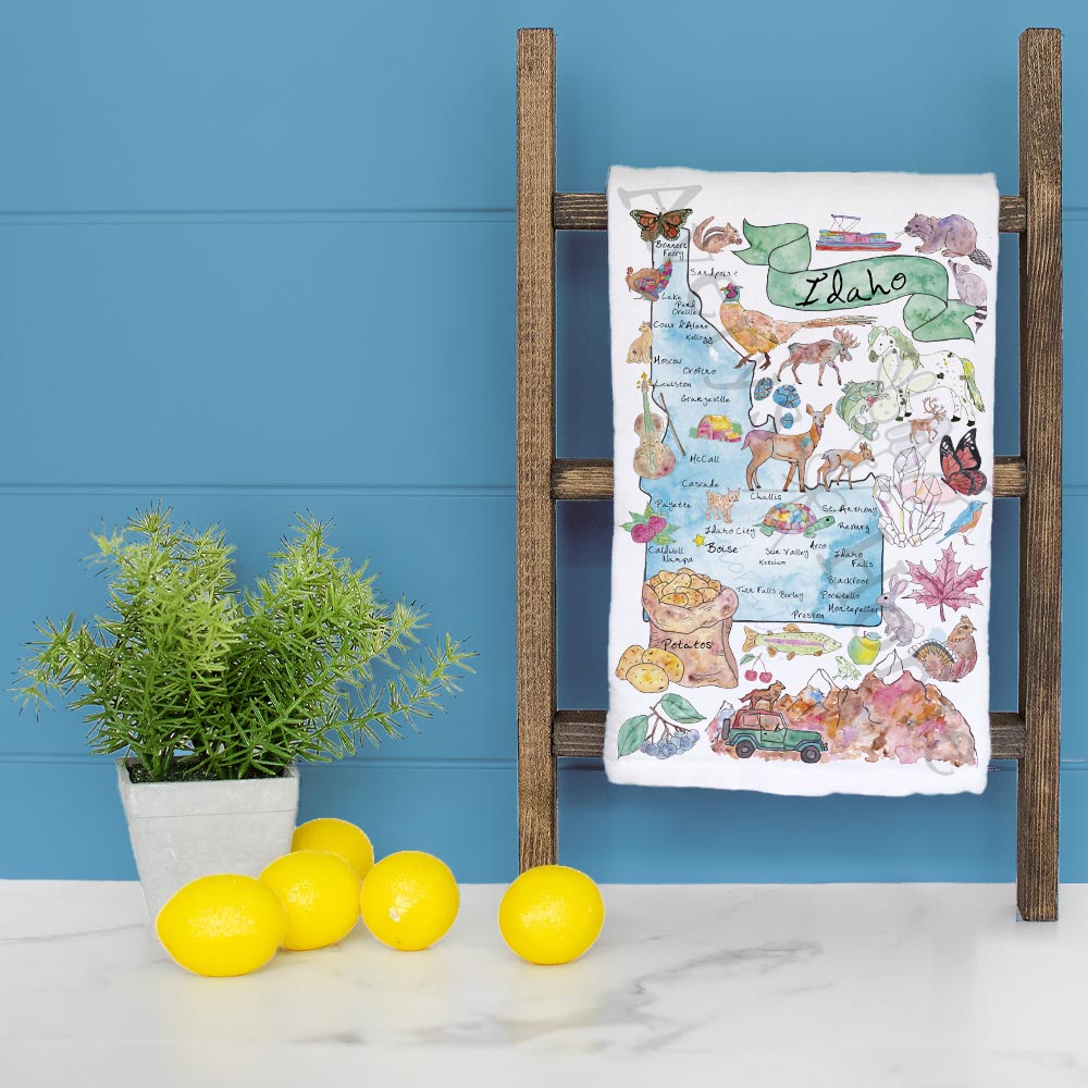 Idaho State Map dish towel folded, hemmed on all four sides