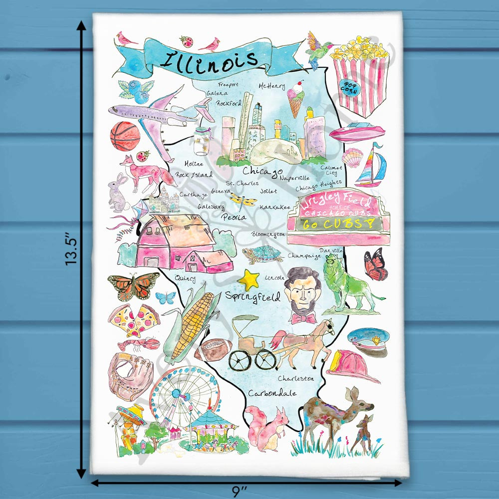 Illinois State Map flour sack dish towel, art by Avery Jackson