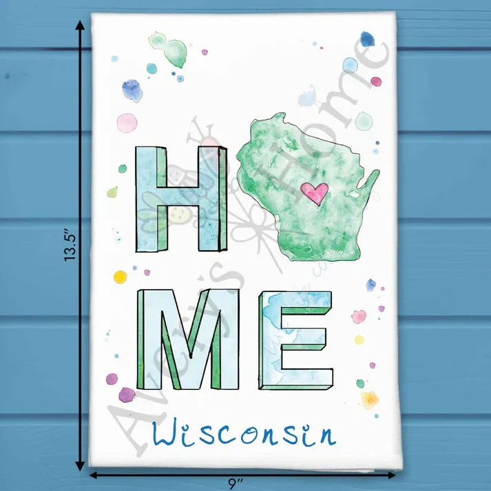 HOME in Wisconsin flour sack dish towel, art by Avery Jackson