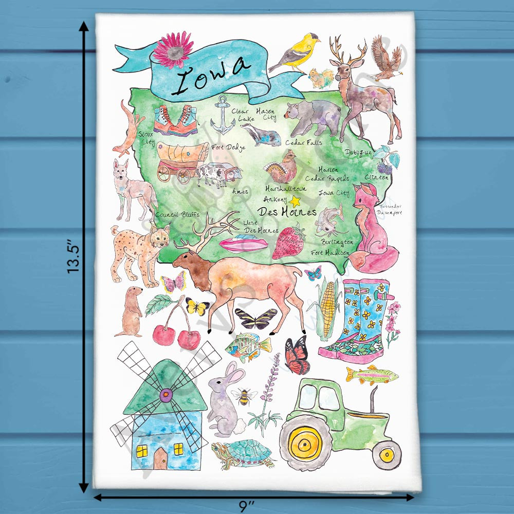 Iowa State Map flour sack dish towel, art by Avery Jackson