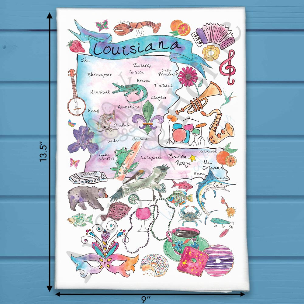 Louisiana State Map flour sack dish towel, art by Avery Jackson