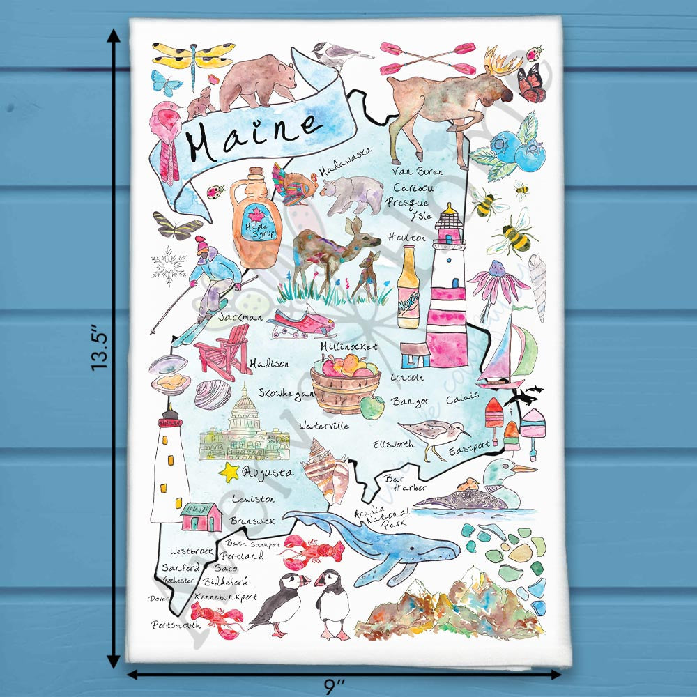 Maine State Map flour sack dish towel, art by Avery Jackson