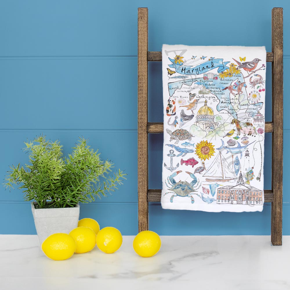 Maryland State Map dish towel folded, hemmed on all four sides