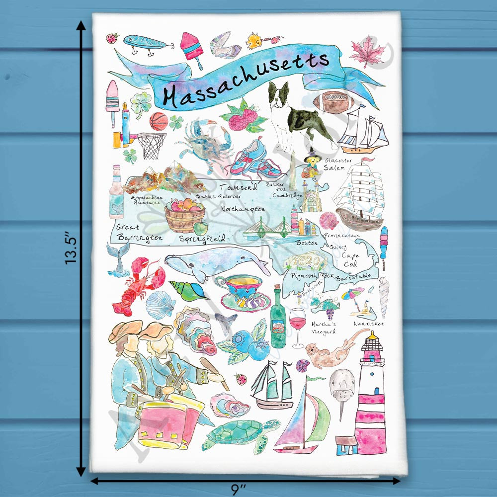 Massachusetts State Map flour sack dish towel, art by Avery Jackson