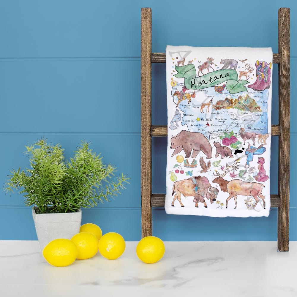 Montana State Map dish towel folded, hemmed on all four sides