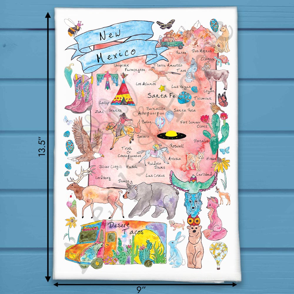 New Mexico State Map flour sack dish towel, art by Avery Jackson