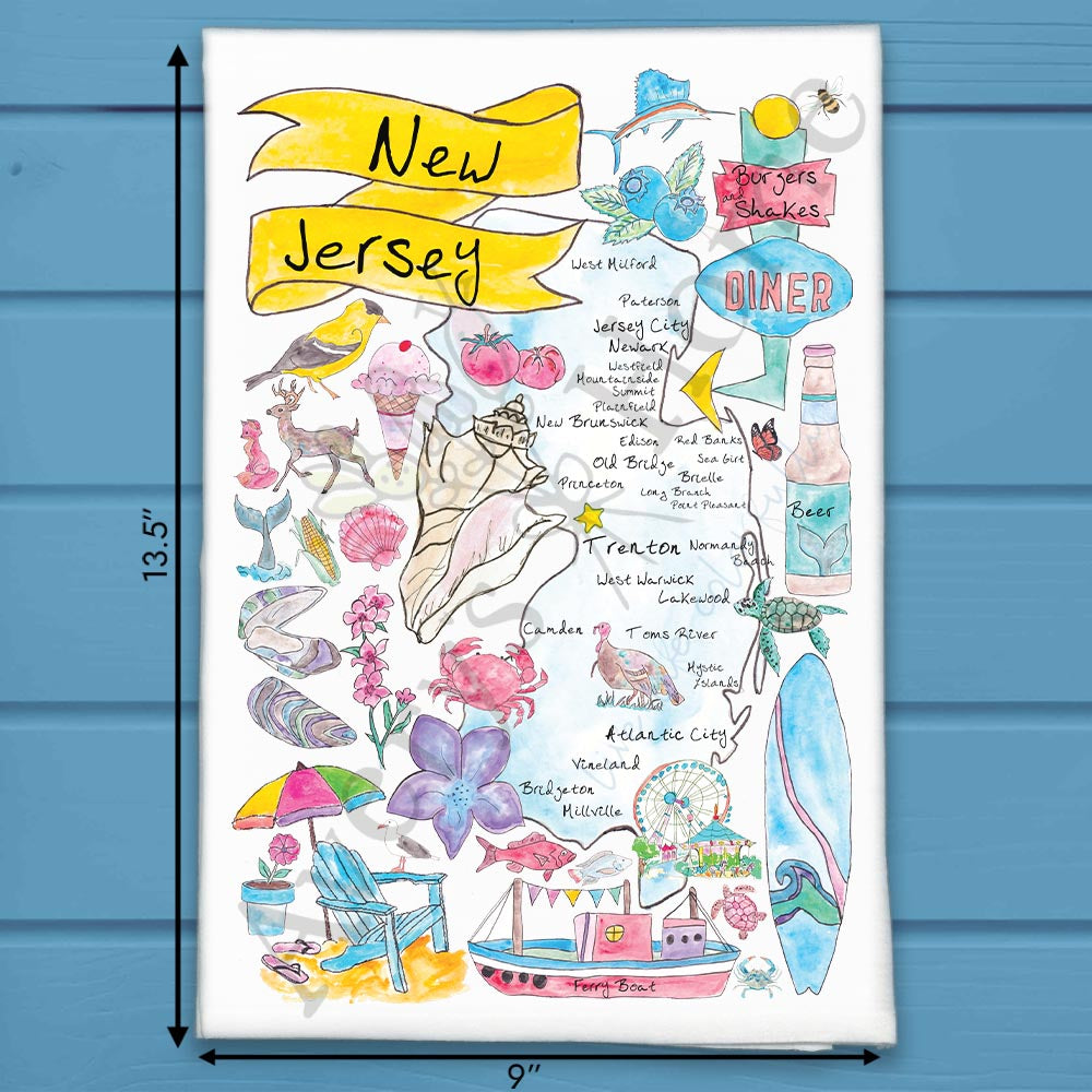 New Jersey State Map flour sack dish towel, art by Avery Jackson