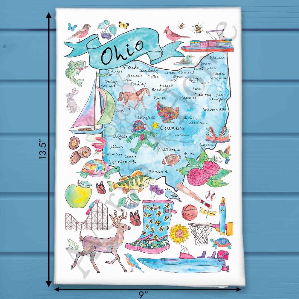 Ohio State Map flour sack dish towel, art by Avery Jackson