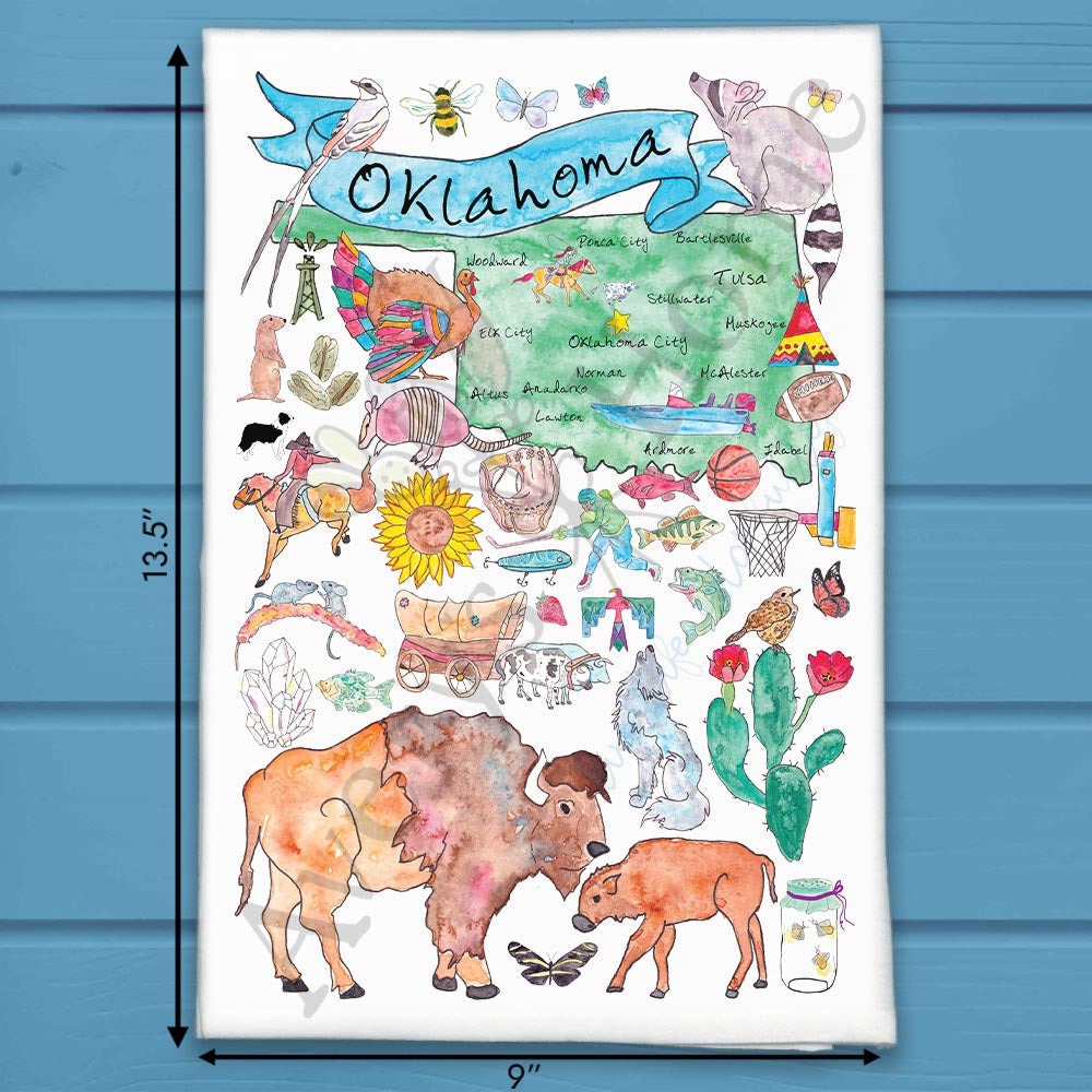 Oklahoma State Map flour sack dish towel, art by Avery Jackson