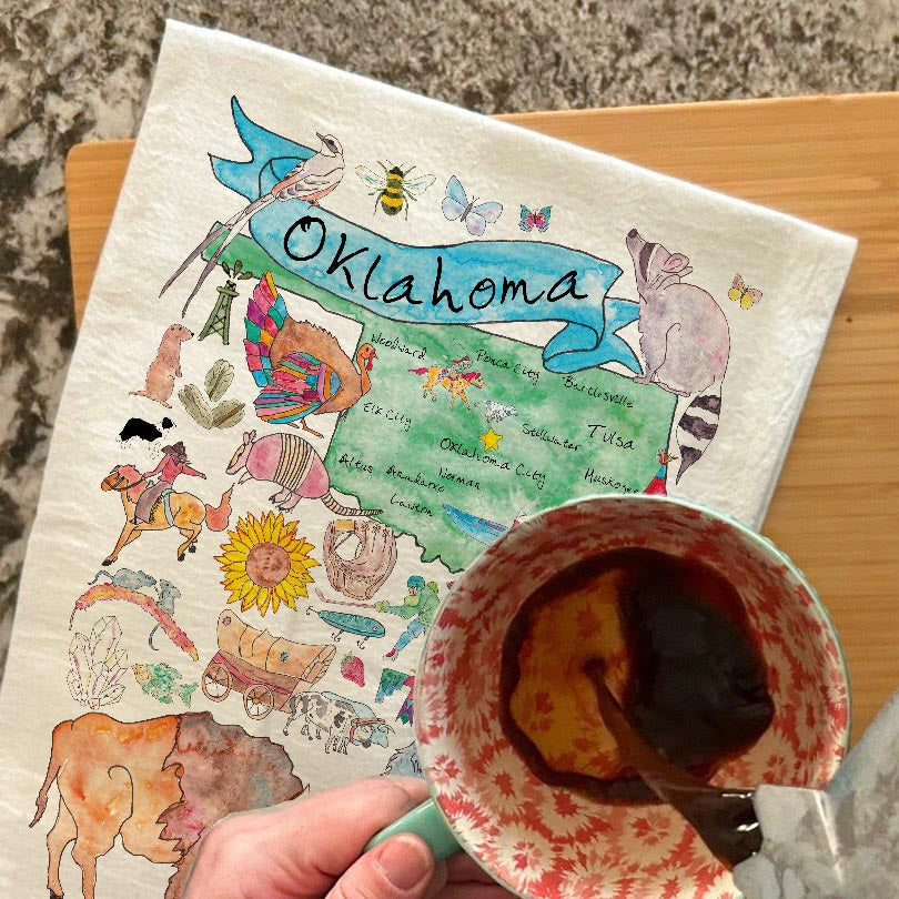 Oklahoma State Map dish towel, 27x27 flour sack cotton
