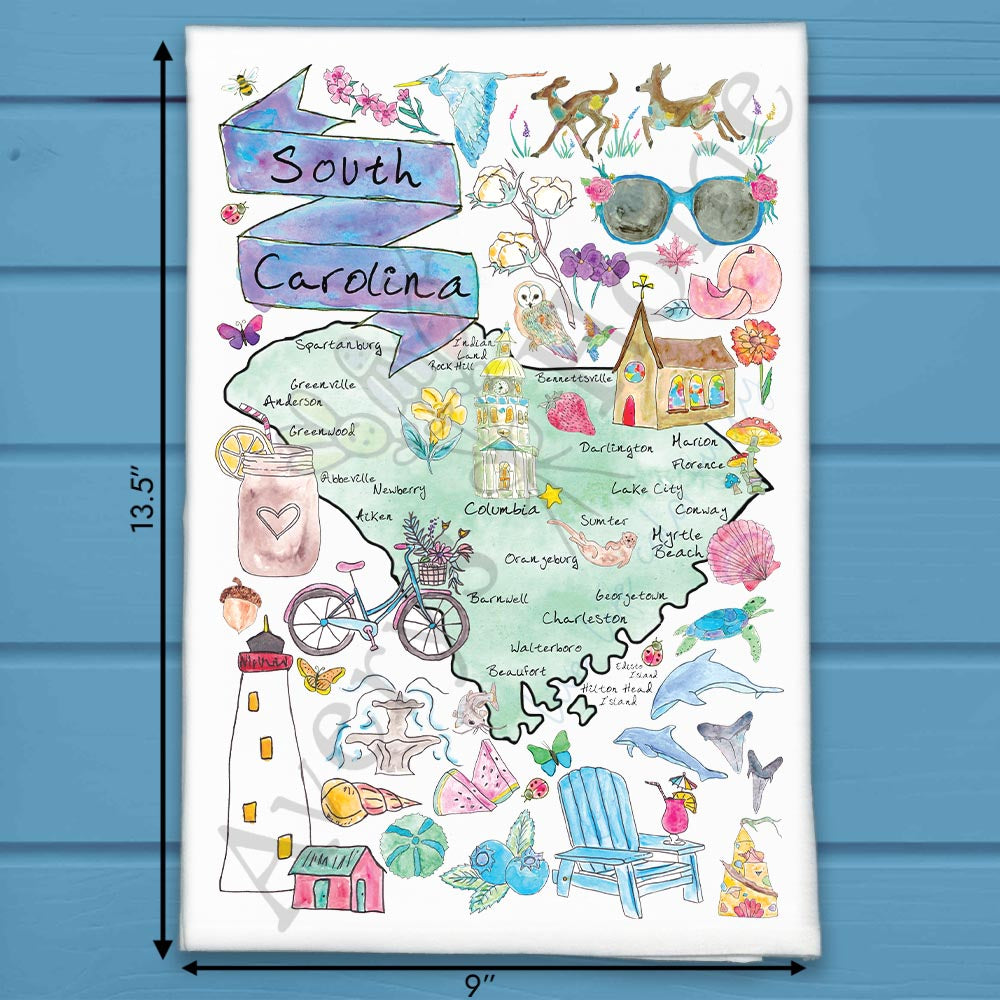 South Carolina State Map flour sack dish towel, art by Avery Jackson