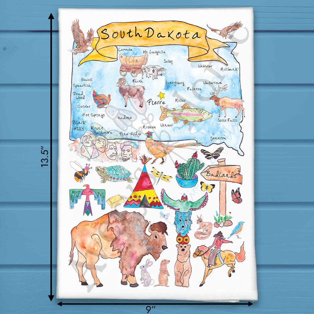 South Dakota State Map flour sack dish towel, art by Avery Jackson