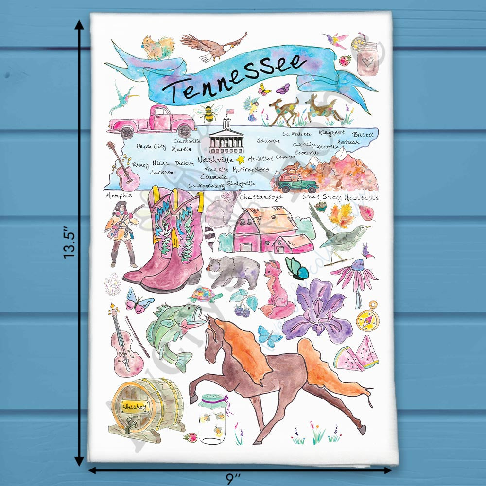 Tennessee State Map flour sack dish towel, art by Avery Jackson