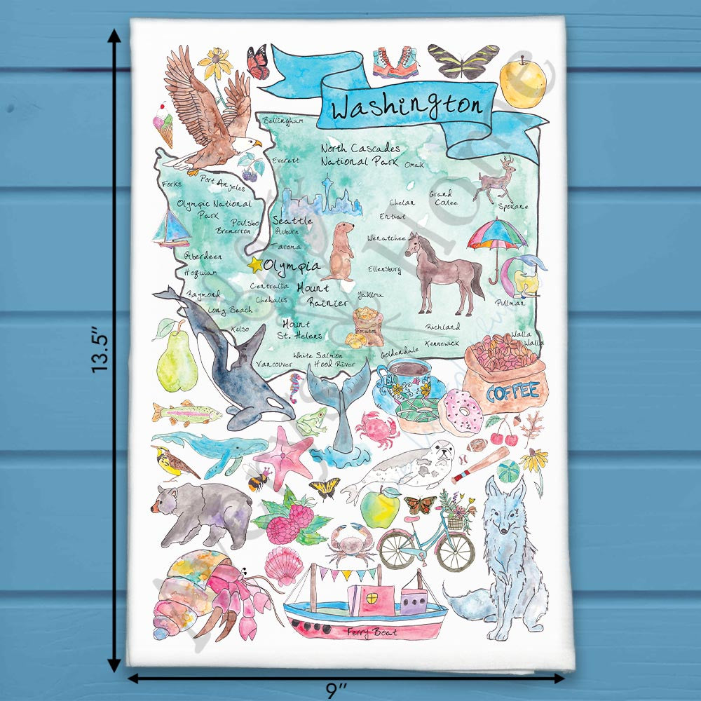 Washington State Map flour sack dish towel, art by Avery Jackson