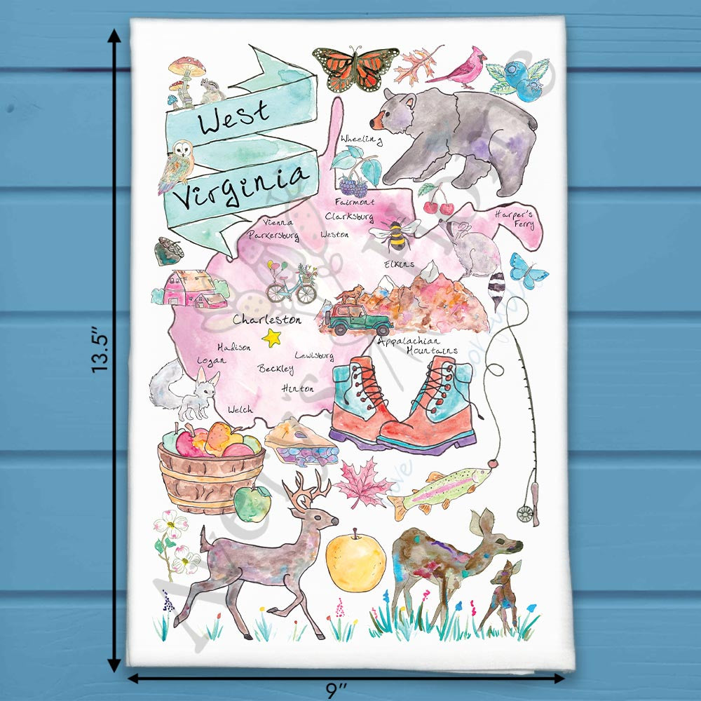 West Virginia State Map flour sack dish towel, art by Avery Jackson