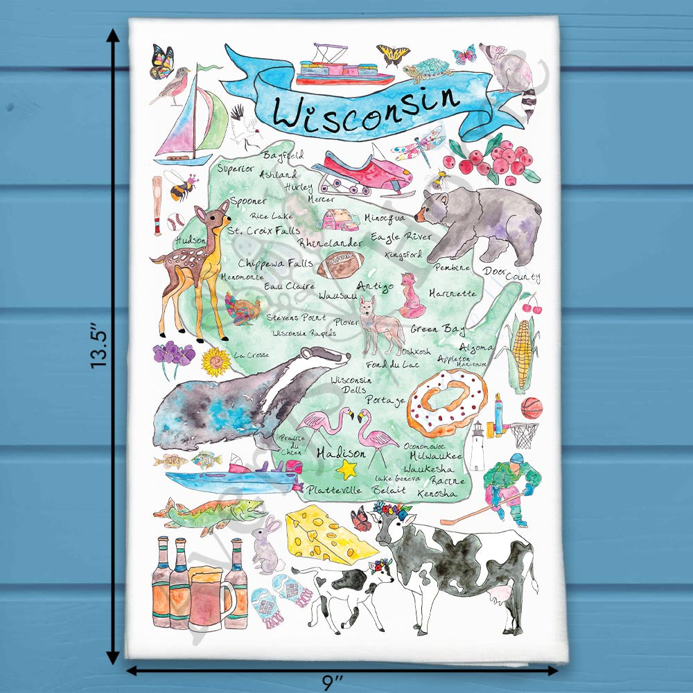 Wisconsin State Map flour sack dish towel, art by Avery Jackson