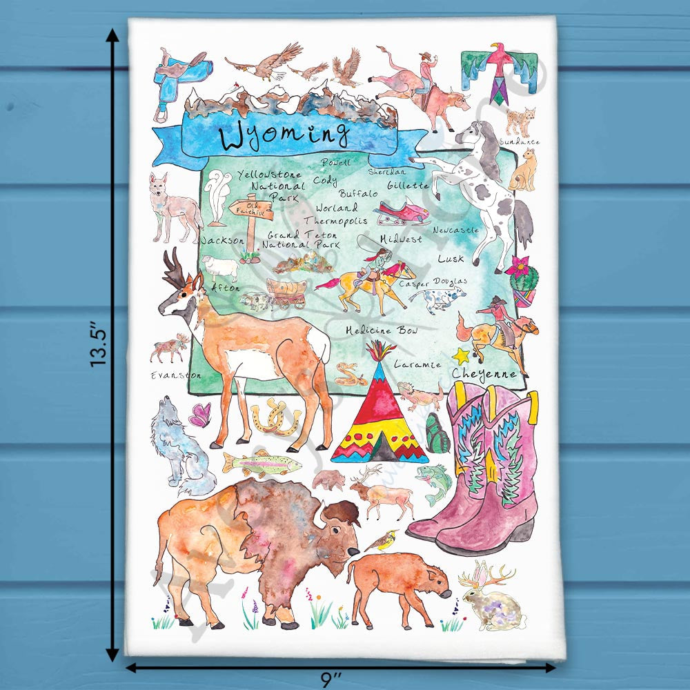 Wyoming State Map flour sack dish towel, art by Avery Jackson