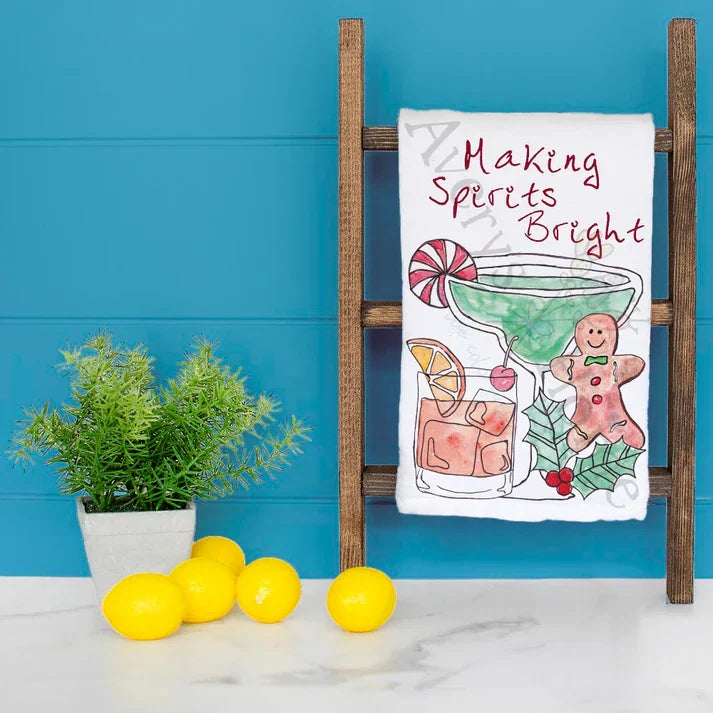 Making Spirits Bright dish towel hanging in the kitchen