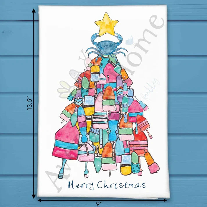 Crab & Buoys Christmas Tree flour sack dish towel, art by Avery Jackson