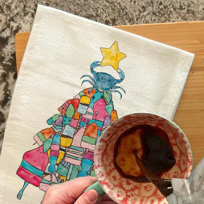 Crab & Buoys Christmas Tree dish towel, 27x27 flour sack cotton