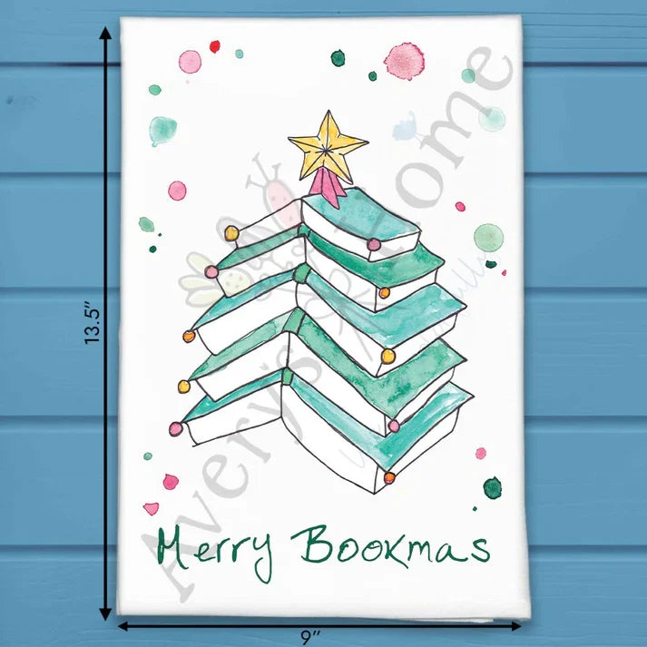 Merry Bookmas flour sack dish towel, art by Avery Jackson