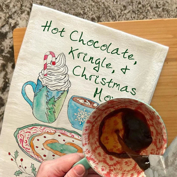 Hot Chocolate & Kringle dish towel, 27x27 flour sack cotton
