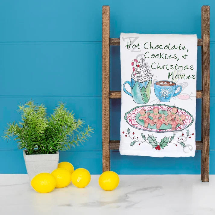 Cookies, Cocoa, and Movies dish towel hanging in the kitchen