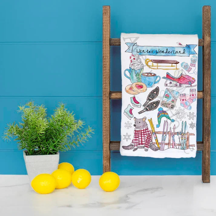 Winter Wonderland dish towel hanging in the kitchen