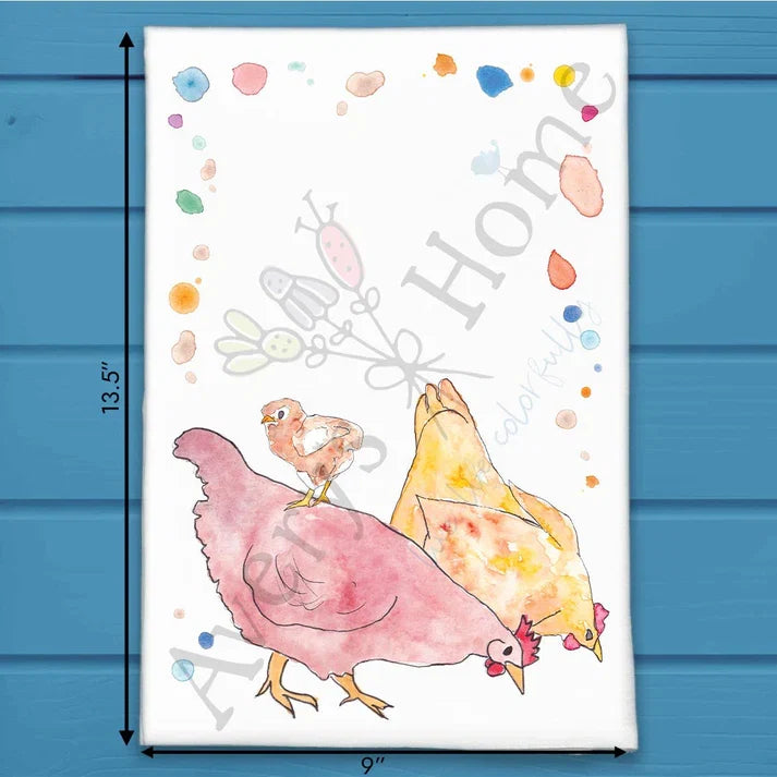 Chickens flour sack dish towel, art by Avery Jackson