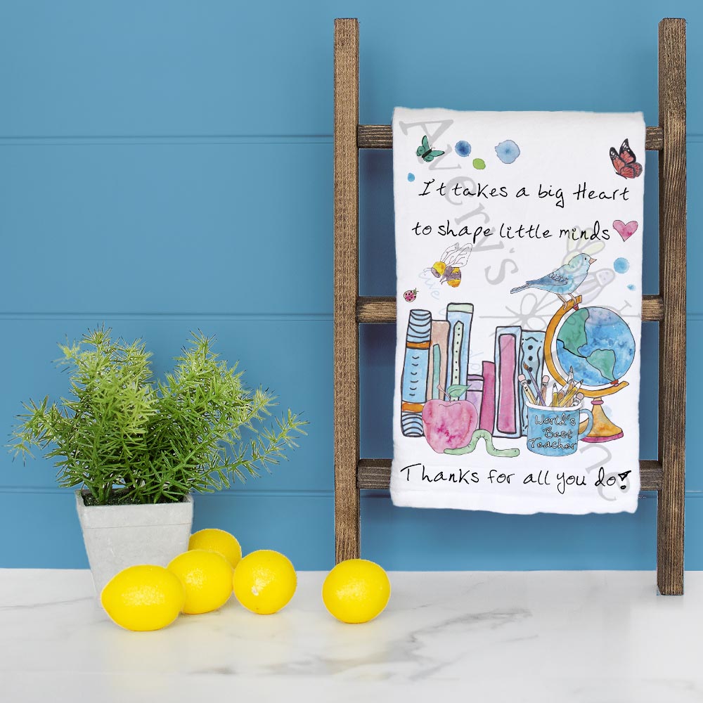 World's Best Teacher dish towel folded, hemmed on all four sides